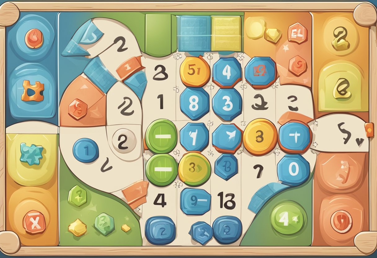 A colorful game board with numbers and symbols. Players use tokens to move and solve math problems. Instructions and examples provided
