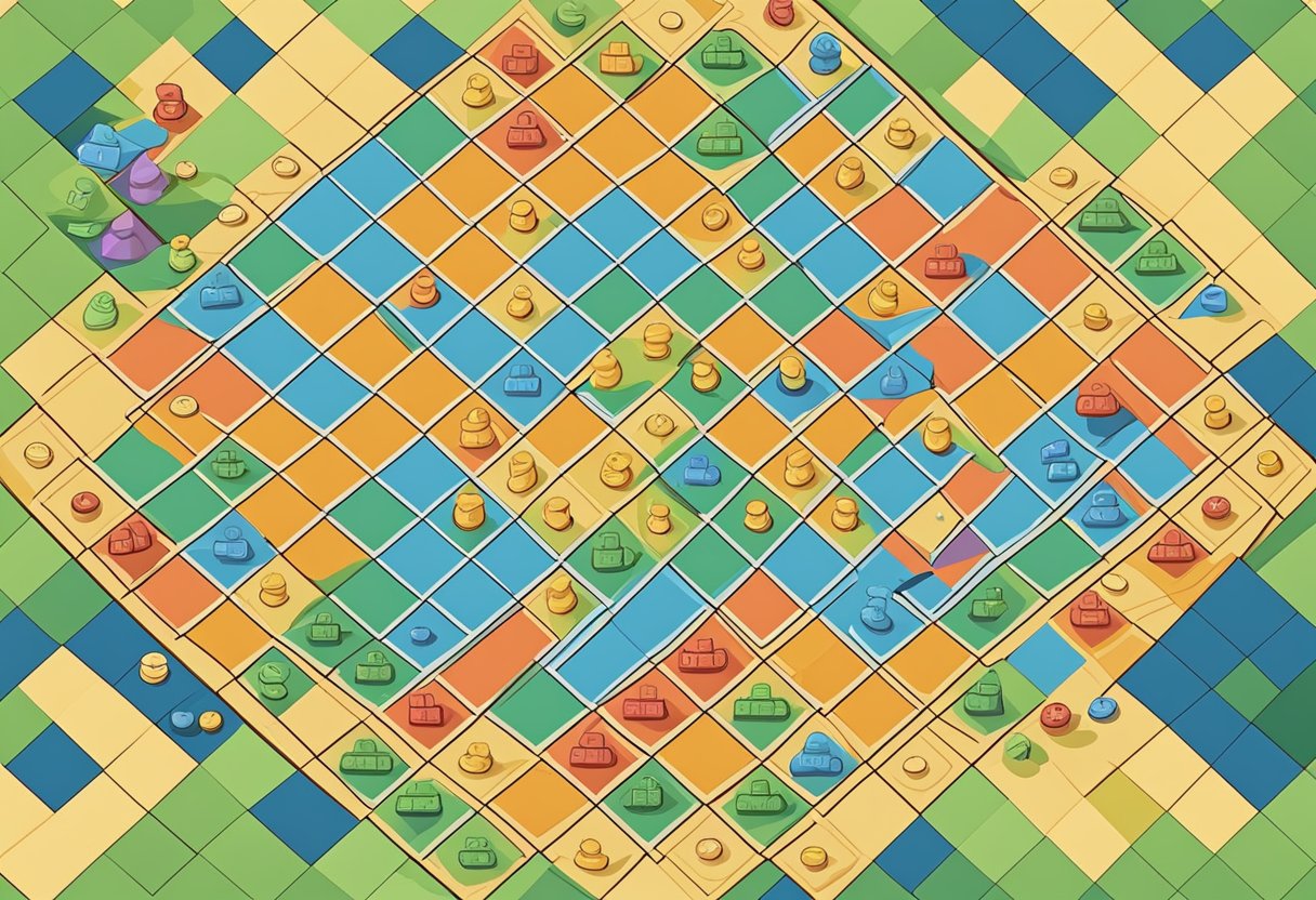 A colorful game board with numbered spaces and math symbols. Players engage in strategic moves to solve math problems and advance on the board