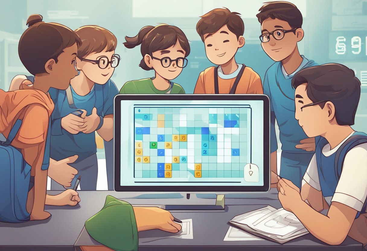 A group of students gather around a digital device, eagerly learning and playing 99math. The screen displays the game interface and instructions, while the students engage in friendly competition